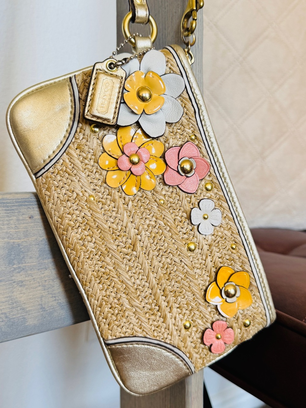 Coach Hamptons Floral Appliqué Raffia Straw Wristlet Gold Leather Garden Party
